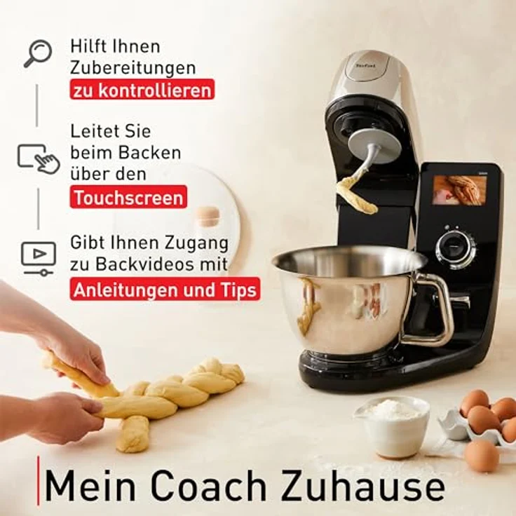 Tefal I-Coach Touch Küchenmaschine, 1200 W, 21 Auto-Programme, inkl. Back-Zubehör und App, Touchscreen, Schwarz/Silber – Bild 3