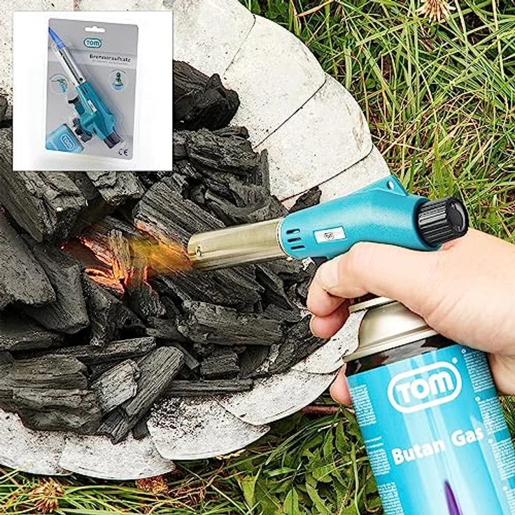 TOM GB-227 Lötbrenner, Flambierbrenner Set mit 1300°C Flammentemperatur, Piezozündung, optional 4x 224g Gaskartuschen – Bild 1