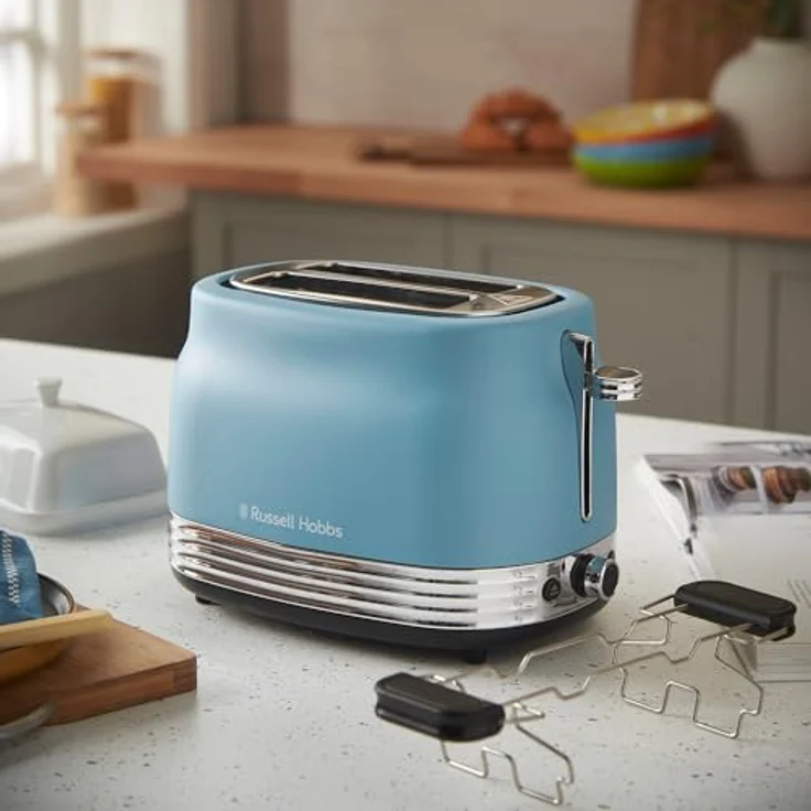 Russell Hobbs Toaster Hanley Retro Blau, 2 Scheiben, 6 Bräunungsstufen, extra breite Toastschlitze, Auftauen/Aufwärmen/Stoppfunktion, Brötchenaufsatz, Krümmelschublade, Lift & Look, 28651-56 – Bild 2