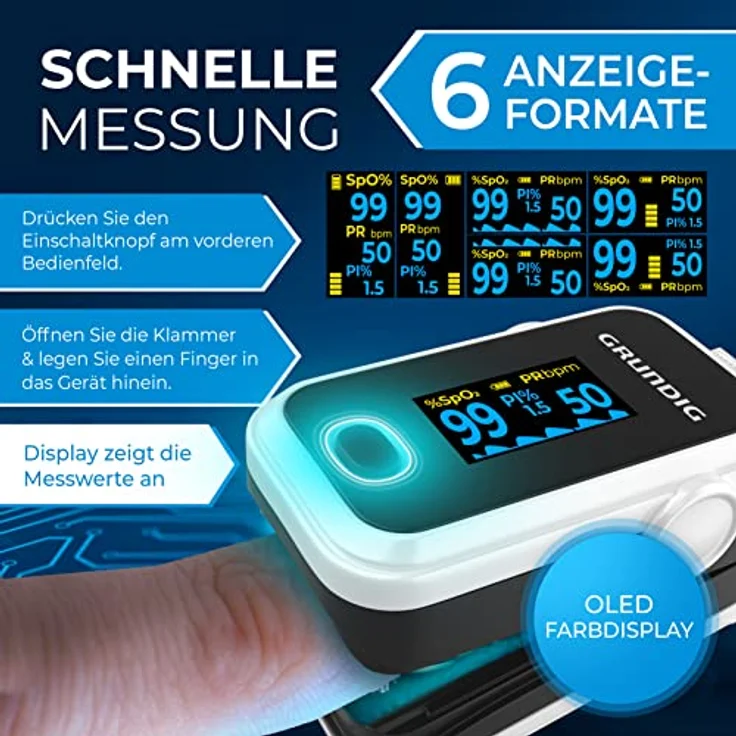 GRUNDIG Pulsoximeter Sauerstoffsättigung Oximeter - Hochpräzises Fingeroximeter Messgerät zur klinisch genauen Bestimmung der Sauerstoff Sättigung im Blut - Finger Messgerät mit Pulsmesser Test - Preisvergleich – Bild 4
