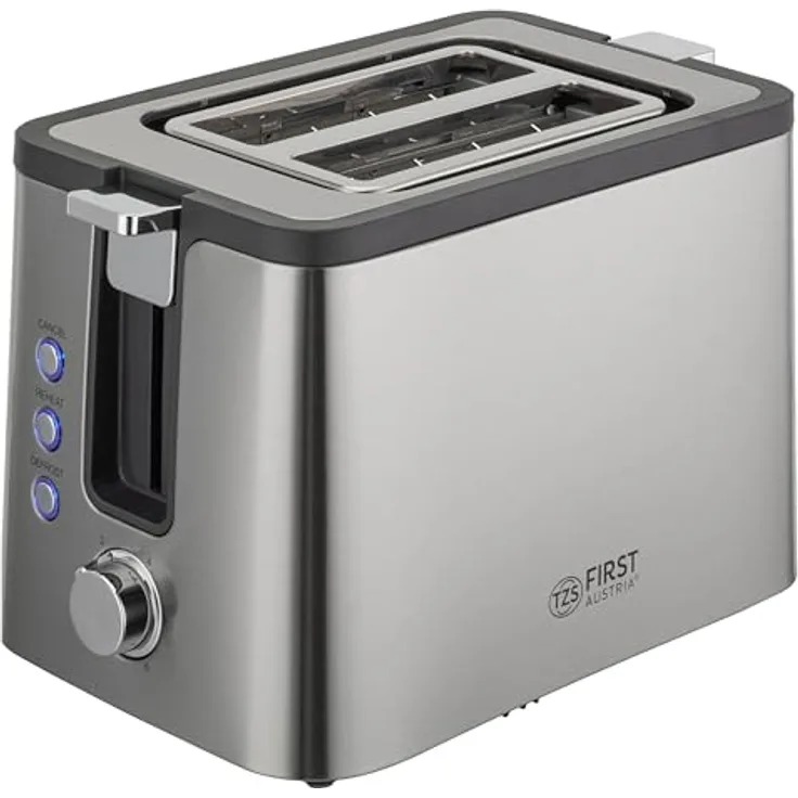 TZS First Austria Toaster | Edelstahl | 2-Scheiben | 6 Bräunungsstufen | Auftau- und Aufwärmfunktion | integrierter Brötchenwärmer | Krümelfach