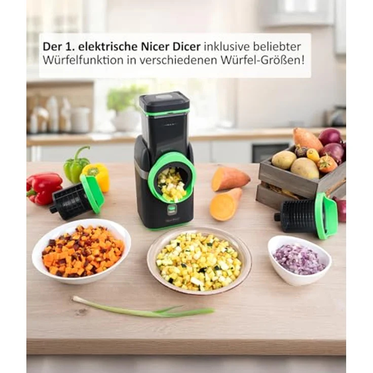 Genius Nicer Dicer Electro, elektrischer Gemüsehobel Deluxe Set 32 tlg, 9in1 Funktionsvielfalt, 6 extrastarke Einsätze, einfache Reinigung, leistungsstark – Bild 4