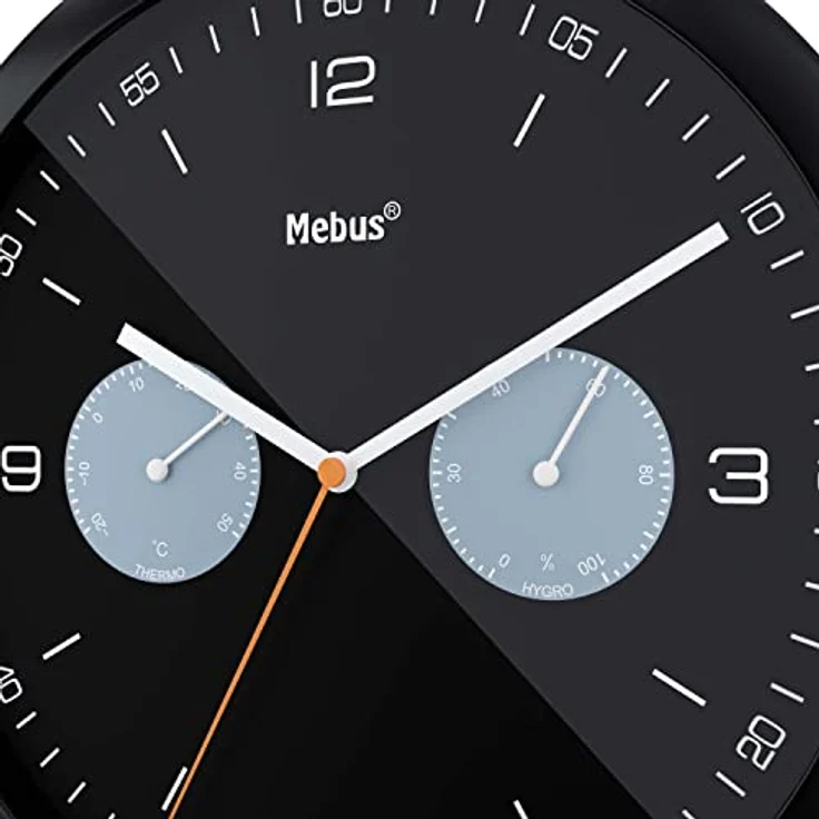 Mebus Funk-Wanduhr mit Thermometer und Hygrometer/Kunststoff/Rund/Modell: 52825 / Farbe: Schwarz, 26 cm – Bild 2