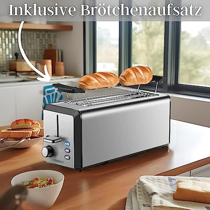 Steinborg Toaster Langschlitz | 4 Scheiben Toastautomat XXL 1500 Watt | 6-Stufen Bräuneregler | Brötchenaufsatz | Auftau-Funktion | Krümelschublade | Edelstahl | Doppelschlitz | LED Display – Bild 4