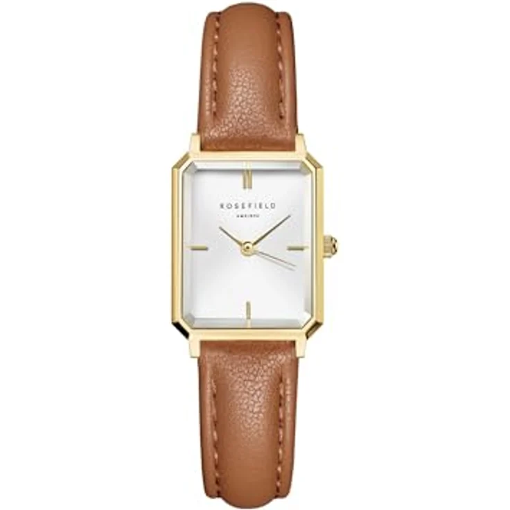 Rosefield Quarz Damenuhr Octagon XS, Lederarmband Braun, goldfarbenes Gehäuse, Mineralglas, silbernes Zifferblatt – Bild 1