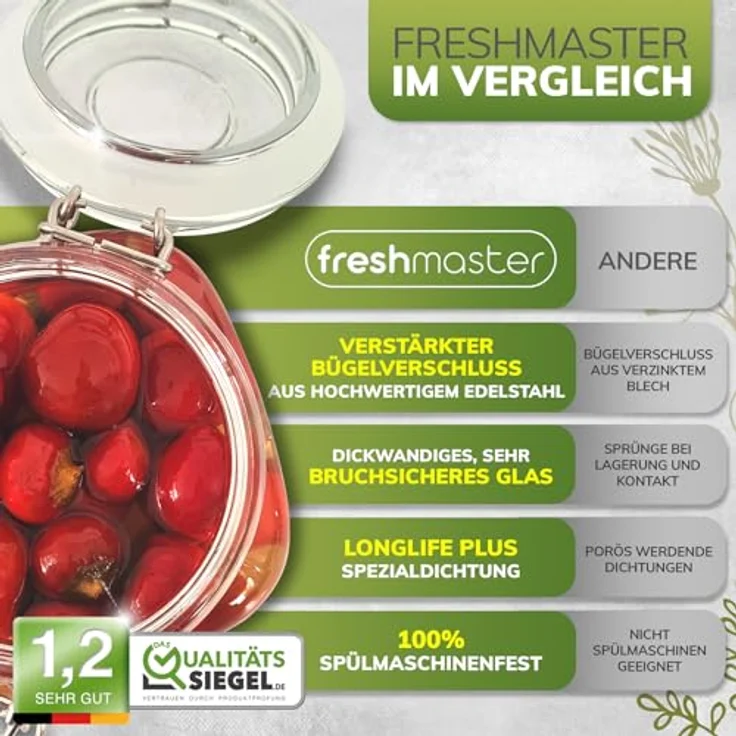Fresh Master Einmachglas Vorratsgläser mit Drahtbügel-Verschluss, Glas, (6-tlg), mit Bügelverschluss, 6 x 500ml – Bild 4