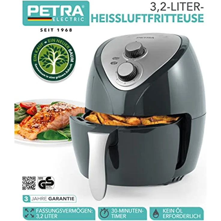 Petra PT5314HEVDEEU10 3,2-L-Heißluftfritteuse, antihaftbeschichteter Frittierkorb, Heißluftzirkulation, wenig/kein Öl, 30-Minuten-Timer, Betriebs- und Bereitschaftsanzeige, Temperaturregler, 1300 W – Bild 3