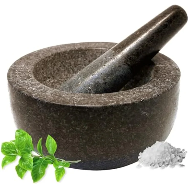 JADE TEMPLE Steinmörser mit Stößel im Set, effektives und einfaches mörsern, aus massivem Granit mit 18 cm Durchmesser und 8,5 cm Höhe – Bild 2