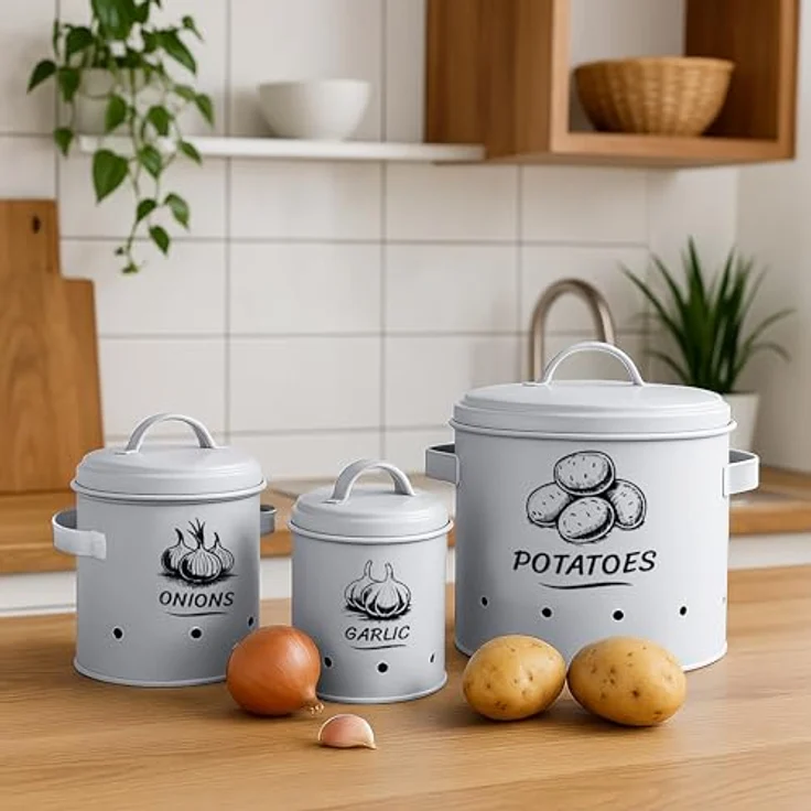 relaxdays Vorratsdose Kartoffel Aufbewahrungsbox 3er Set, Stahl, weiß, mit Belüftungslöchern zur optimalen Lagerung von Kartoffeln, Zwiebeln und Knoblauch – Bild 2