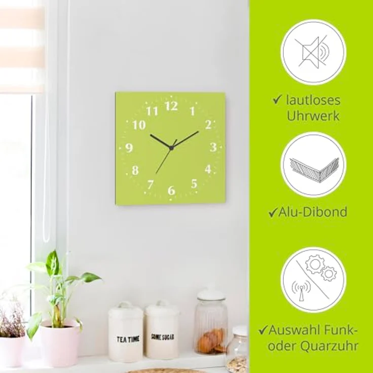 ARTLAND Wanduhr ohne Tickgeräusche Alu Funkuhr 30x30 cm Quadratisch Lautlos 12 Ziffern Farbig Schlichtes Design Grün Hellgrün S7KE – Bild 2