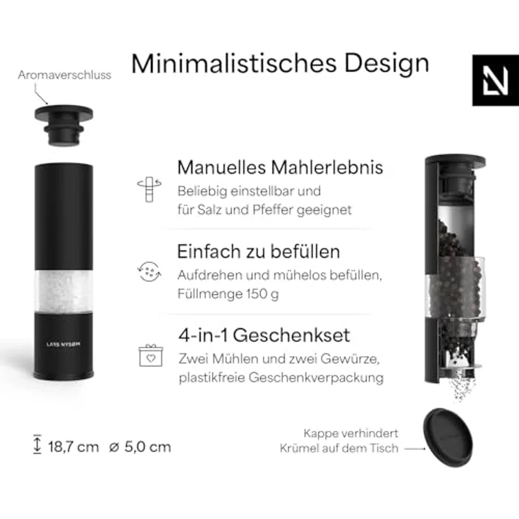 LARS NYSØM Lagom Salz-/Pfeffermühle Manuell, 2er Set mit einstellbarem Keramik-Mahlwerk, edel verpackt in Geschenkbox – Bild 5