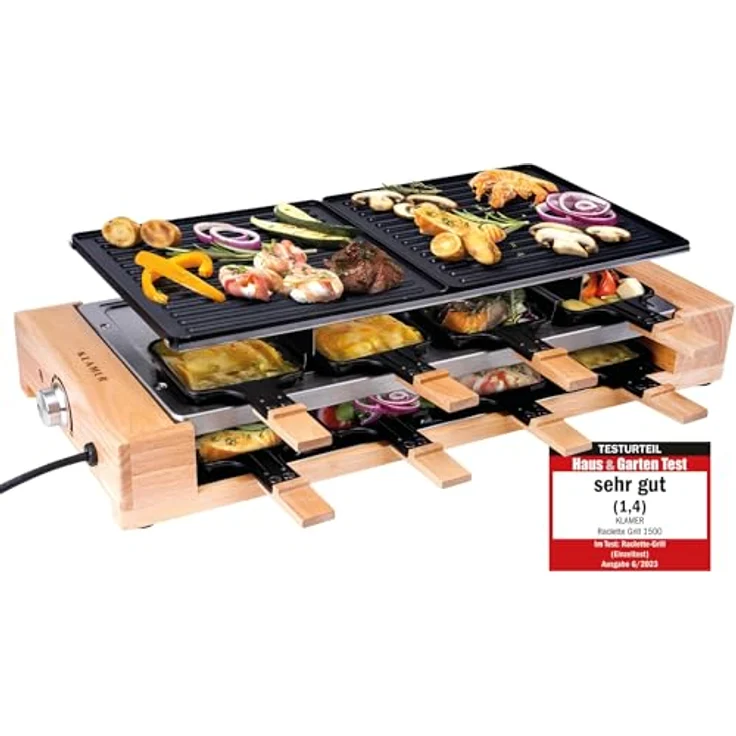 KLAMER Raclette 8 Personen, 1500W Raclette Grill mit Holzgestell, Raclette mit antihaftbeschichteter Grillplatte, 1500 – Bild 2