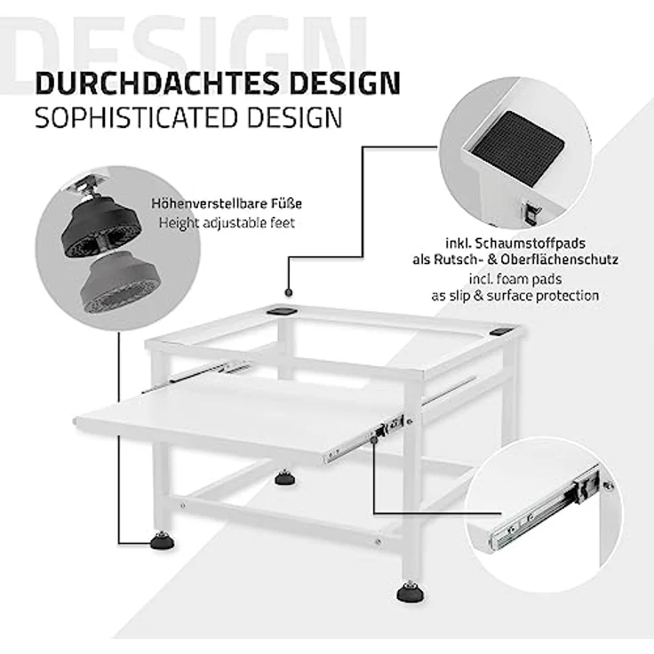 ML DESIGN modern living Waschmaschinen-Untergestell mit ausziehbarer Ablage, Weiß, 62,5x53,5x45 cm, aus Stahl, bis 150kg, höhenverstellbaren Füße – Bild 4