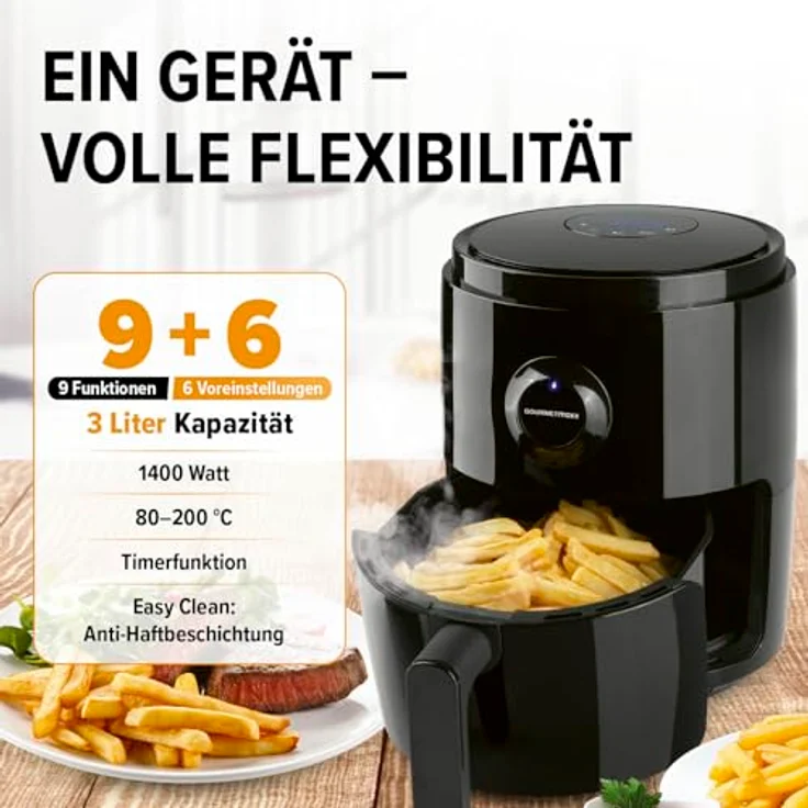 GOURMETmaxx Heißluftfritteuse, 1400 W, 3 Liter, ohne Fett, bis 200 °C, Timer, 6 Programme, Kunststoff, schwarz – Bild 2