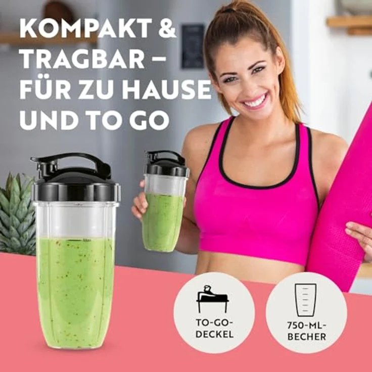 GOURMETmaxx Mixer & Smoothie Maker 4-tlg., 1000 Watt Standmixer mit auslaufsicherem To-go-Deckel, 750 ml Mixbecher, Edelstahlklingen für Shakes und Smoothies – Bild 3