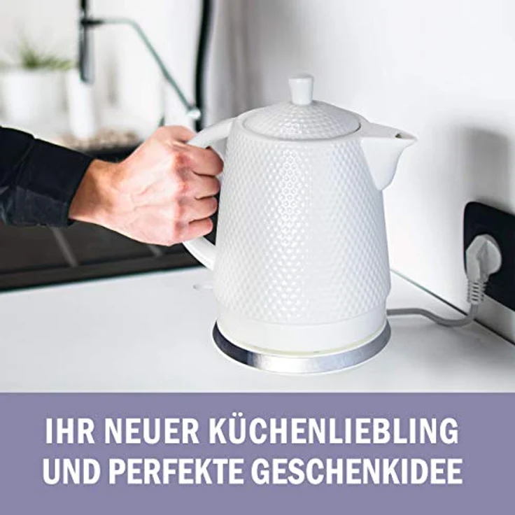 Kvota Elektrischer Wasserkocher aus Keramik, Füllmenge 1,5 L, abnehmbarer Deckel, weiß - Teekessel im weißen retro Noppen-Design, elektrischer Tee-Kessel aus Porzellan, Vintage-Geschenkidee - Preisvergleich – Bild 2