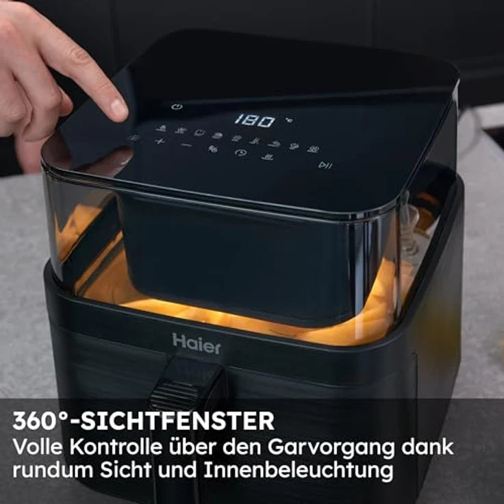 Haier HAF3AFW Heißluftfritteuse 7L mit 360° Sichtfenster, 8in1 Funktionen: Frittieren, Grillen, Braten, Backen, Dörren, Aufwärmen, Auftauen, Slow Cook, antihaftbeschichtet, spülmaschinenfest – Bild 4