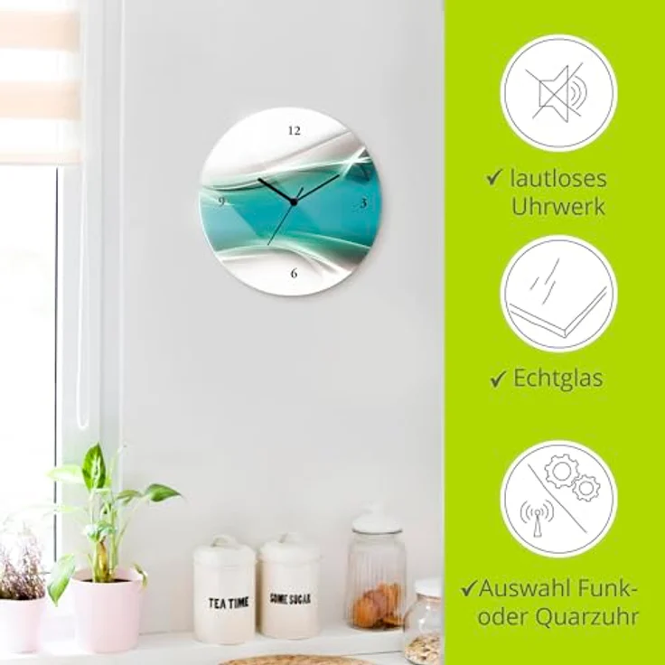 ARTLAND Wanduhr ohne Tickgeräusche Glas Quarzuhr Ø 30 cm Rund Lautlos Kreatives Element Petrol – Bild 2