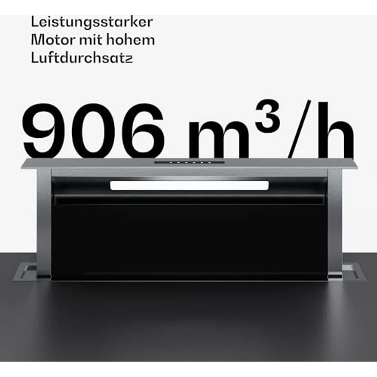Klarstein Verosteel Downdraft Dunstabzugshaube 90 cm - A++ Energieklasse, 906,2 m³/h Boost, Touch-Bedienung, LED-Beleuchtung, Aluminium & schwarzes Glas, spülmaschinenfester Fettfilter – Bild 4