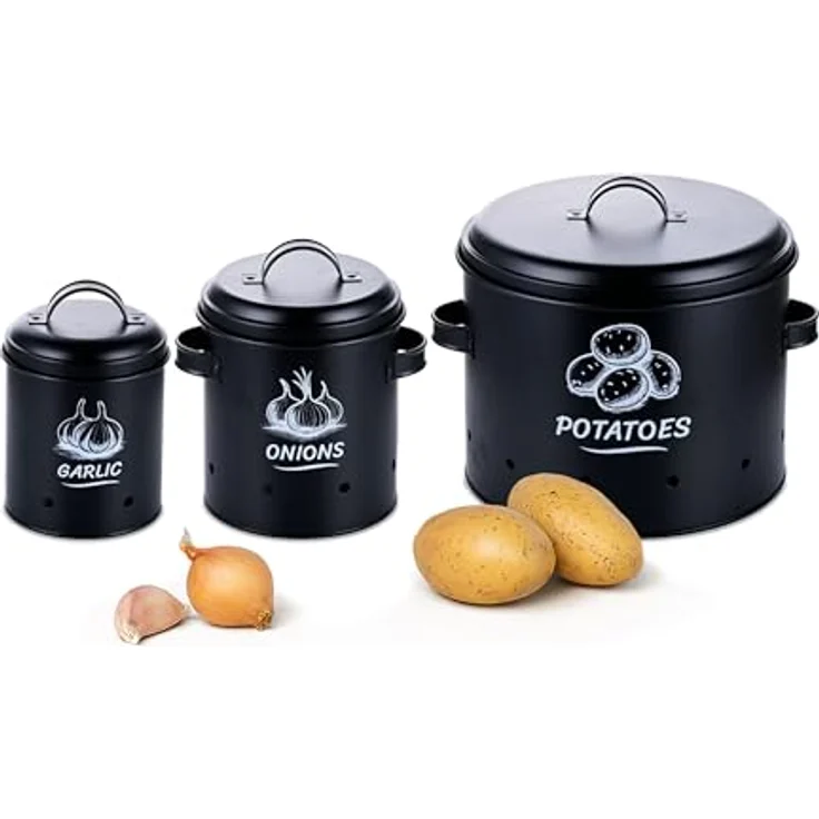 relaxdays Vorratsdose Kartoffel Aufbewahrungsbox 3er Set, Stahl, schwarz – optimale Lagerung für Kartoffeln, Zwiebeln und Knoblauch mit Belüftungslöchern und dekorativem Design – Bild 1