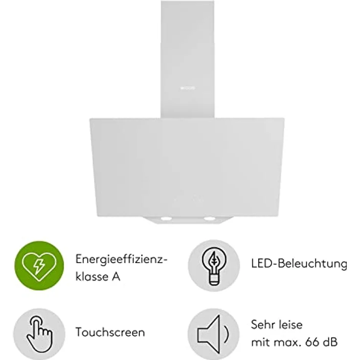 Wiggo Dunstabzugshaube 60cm kopffrei I Abluft Umluft Dunstabzug 650m³/h - Touch-Display 4 Stufen I Energieeffizienzklasse A Schräghaube inkl. Fettfilter & 2x Kohlefilter I Abzugshaube Glasfront weiß – Bild 2