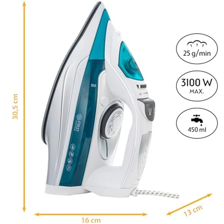 TZS First Austria Dampfbügeleisen I 3100W I Keramiksohle I Selbstreinigung I Vertikaldampf I Anti-Kalk I Trockenbügeln I 0,45l Wassertank I 1.4kg | grün – Bild 2