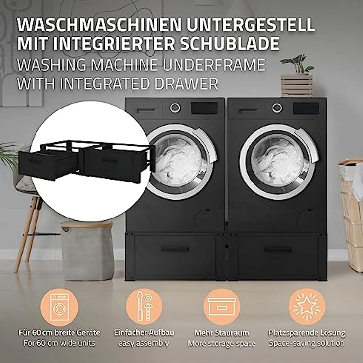 ML DESIGN modern living Doppel Waschmaschinen Untergestell mit 2 Schubladen, Schwarz, 128x53,5x31,5 cm, 2-Fach 2x150kg, Stahl, Doppelpodest Sockel Erhöhung – Bild 2