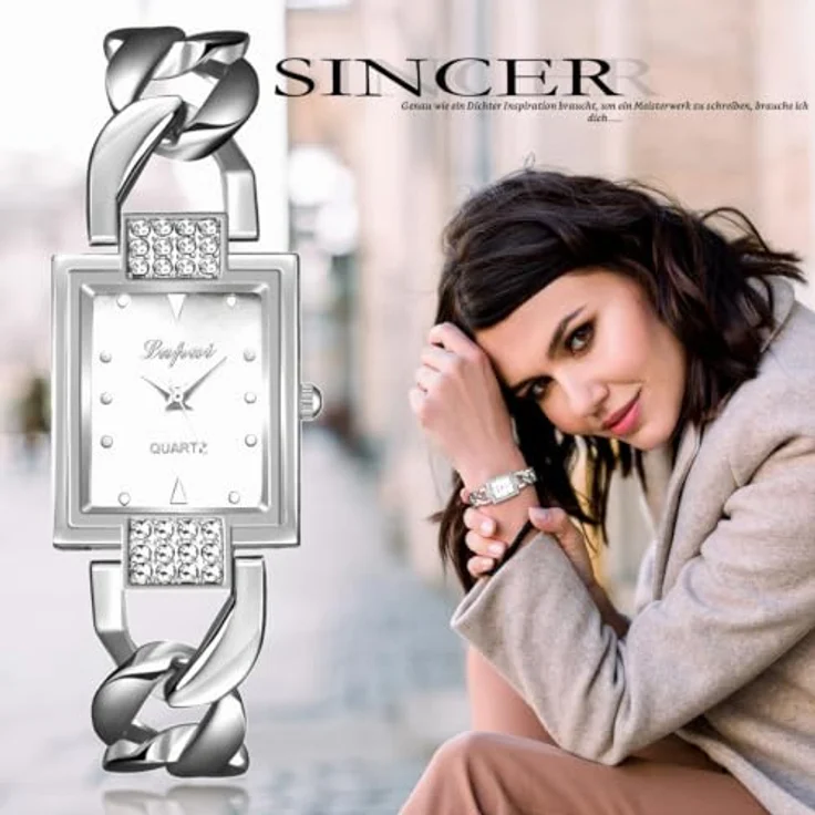 JewelryWe Damenuhr Glitzer Rechteckig, Strass Analog Quarz Armbanduhr mit Silber Panzerkette und Eckigem Zifferblatt – Bild 2