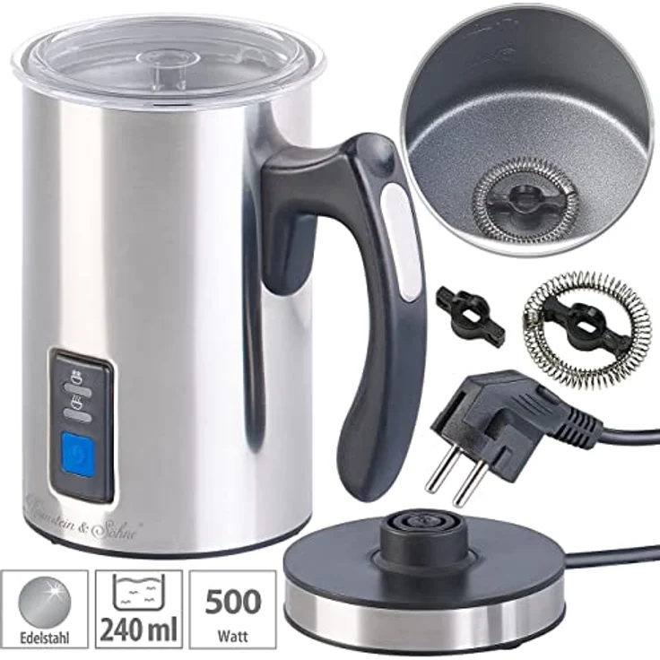 Rosenstein & Söhne ZX-6037-919 Milchbereiter: Elektrischer Edelstahl-Milchaufschäumer, 115/240 ml, antihaft, 500 W (Milk Maker, Milchaufschäumer-Gerät, Milchkännchen) – Bild 3