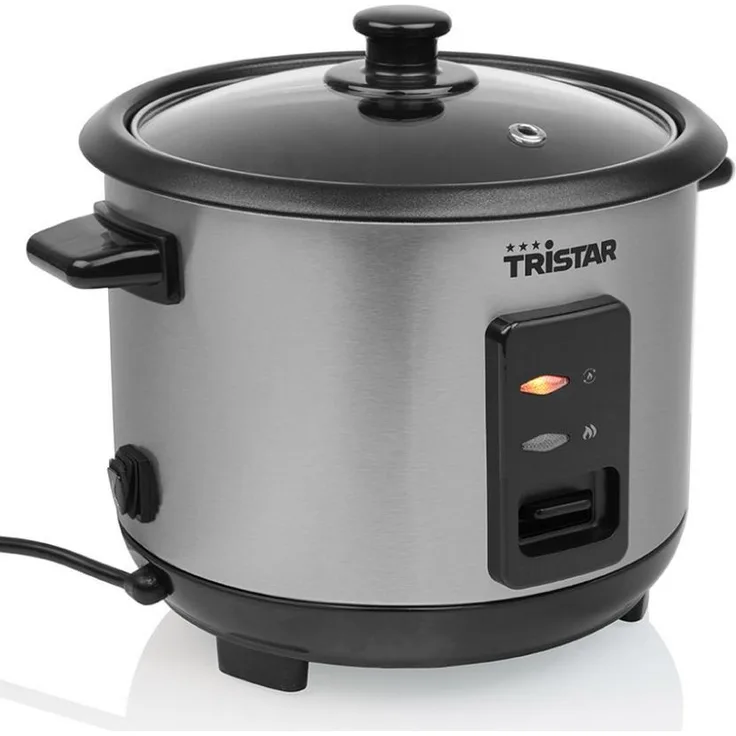 Tristar RK-6146, Reiskocher 1 l, Schwarz-Silber, mit Tasten, Edelstahl und Glas