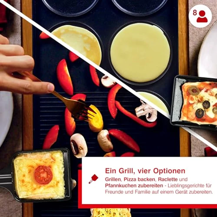 Solis Raclette Tischgrill 4-in-1, 1200W mit Grillplatte & Crêpe-Funktion, Antihaft, 8 Pfännchen, für Mini-Pizza & Raclette Genuss, Schwarz – Bild 2