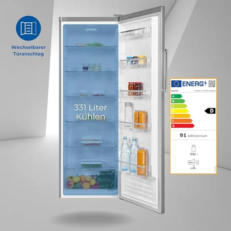 Exquisit Vollraumkühlschrank KS350-V-H-040D inoxlook | 331 L Nutzinhalt, 6 Glasablagen, Türanschlag wechselbar – Bild 2