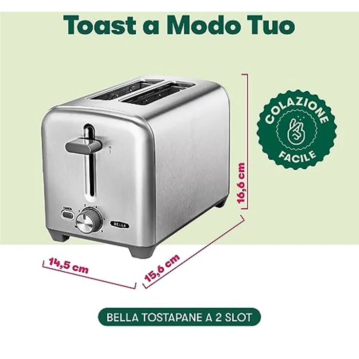 BELLA 2 Slice Toaster, Quick & Even Results Every Time, Wide Slots Fit Any Size Bread Like Bagels or Texas Toast, Drop-Down Crumb Tray for Easy Clean Up, Stainless Steel – Bild 2