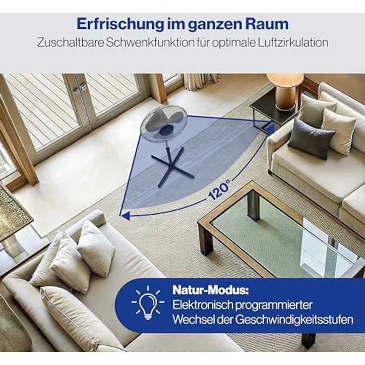 Clatronic VL 3741 S Standventilator, Ø 40 cm, Oszillierend, 3 Laufgeschwindigkeiten, 2 elektronische Windmodus-Funktionen, elektronischer Timer, Fernbedienung, schwarz – Bild 2