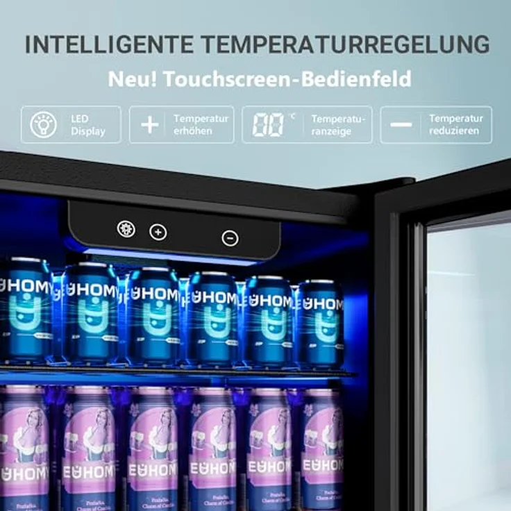 EUHOMY 90L Getränkekühlschrank, Mini-Kühlschrank für 126 Dosen mit Glastür, verstellbaren Regalen und digitaler Temperatureinstellung, Schwarz Edelstahl – Bild 4
