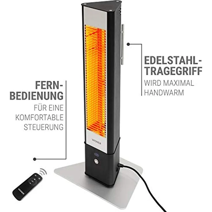 VASNER HeatTower Mini – Stand-Heizstrahler 1500 W, Infrarotstrahler mit Standfuß, Fernbedienung, IP65 Schutz für Außenbereich Terrasse, Terrassenstrahler elektrisch (Schwarz) – Bild 3