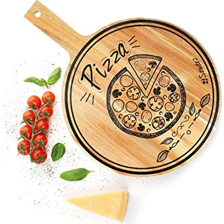 Pizzabrett mit Griff und Aufdruck 30cm Holzbrett Vesperbrett Käsebrett Wurstplatte Pizzateller – Bild 2