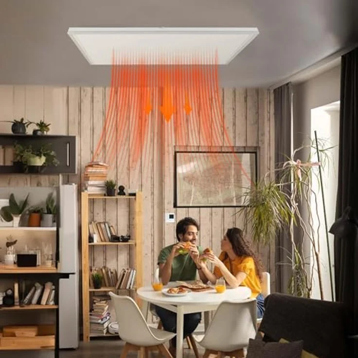 Wiltec Infrarot Deckenheizung 370 W, Infrarotheizung Deckenmontage mit LED-Beleuchtung, 65,5 x 63 x 3,5 cm, Thermostat, in Silber – Bild 2