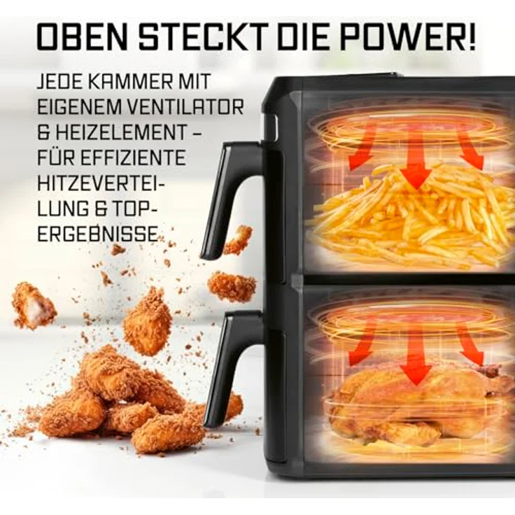 GOURMETmaxx FryUp XL, vertikale Doppelkammer Heißluftfritteuse mit 12 L und Sichtfenster, 2800 W, schwarz, mit 9,6 Zoll Multi-Colour LED-Touchdisplay & 12 Programmen – Bild 5