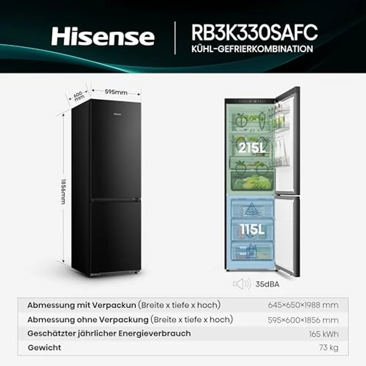HISENSE RB3K330SAFC Kühlgefrierkombination, 330 l, 1856 mm hoch, Schwarz, mit ConnectLife, Boden-Kühlsystem und Moisture Fresh Crisper – Bild 2