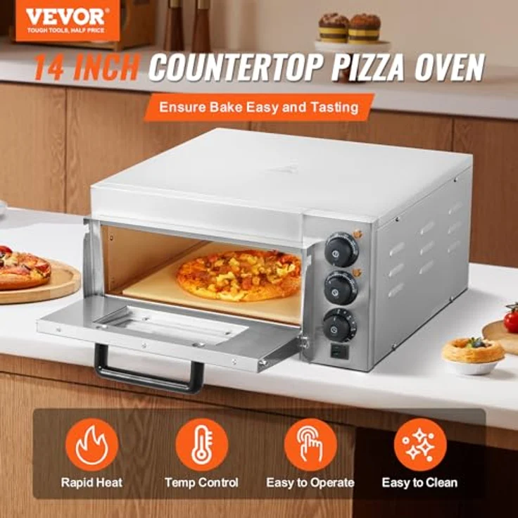 VEVOR kommerzieller Pizzaofen Einzeldeckschicht 356 mm, elektrischer Pizzaofen aus Edelstahl mit drei Drehknöpfen, Mehrzweck-Pizzamaker Indoor, Silber – Bild 2