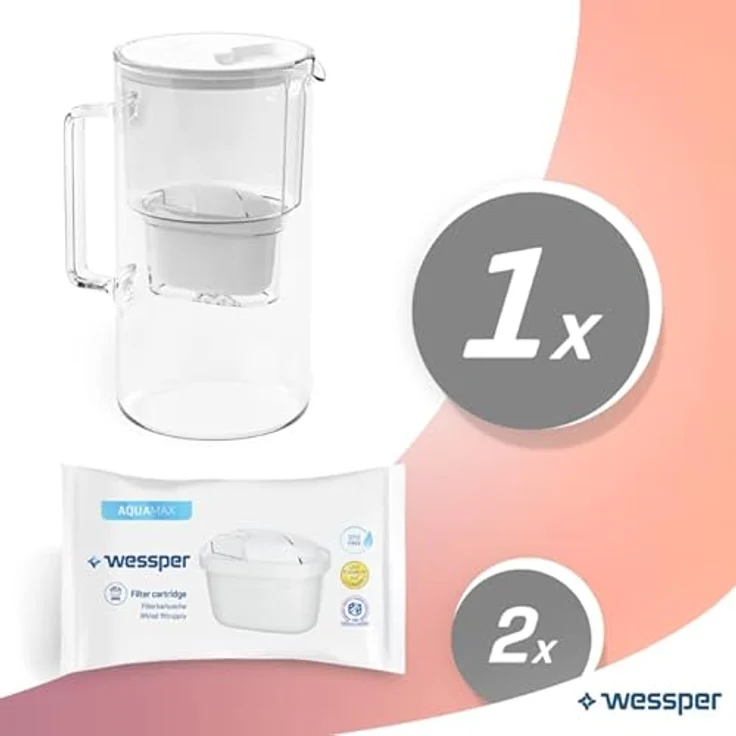 Wessper Wasserkaraffe, Wasser Filterkanne Inklusive 2 X Kannenfilter, Kompatibel Mit Brita Maxtra, Brita Maxtra +, Großes Fassungsvermögen 2,5l, Weiß, Set Kanne + 2 Patronen – Bild 2