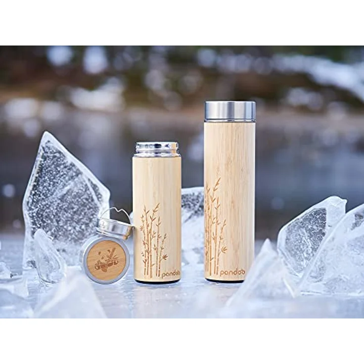pandoo Bambus Thermobecher - doppelwandige Thermoflasche, Reisebecher, Teebereiter, Teeflasche, Trinkflasche mit Edelstahl Teesieb- BPA-frei - Tea to-go – Bild 3