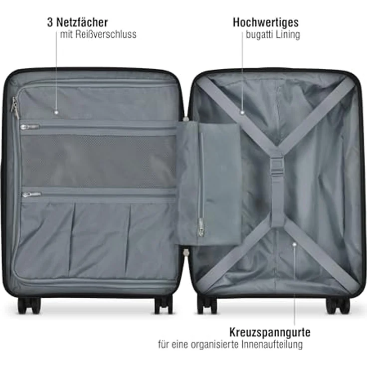 bugatti Hera leichter Hartschalenkoffer Gr. S, 55x20,5x38 cm, Schwarz | Kabinengepäck mit 360° Doppelrollen und TSA-Zahlenschloss, ultraleicht – Bild 3