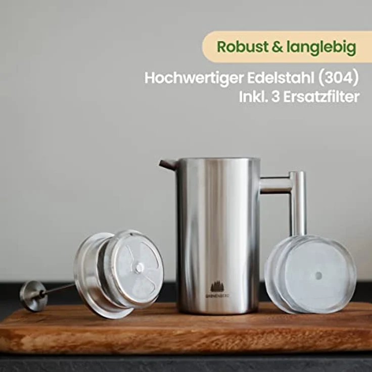 Groenenberg French Press aus Edelstahl | 1 Liter (5 Tassen) | Erhältlich in 3 Größen | Thermo Kaffeebereiter doppelwandig isoliert | Kaffeepresse inkl. Ersatzfiltern & Anleitung | Coffee Press – Bild 3