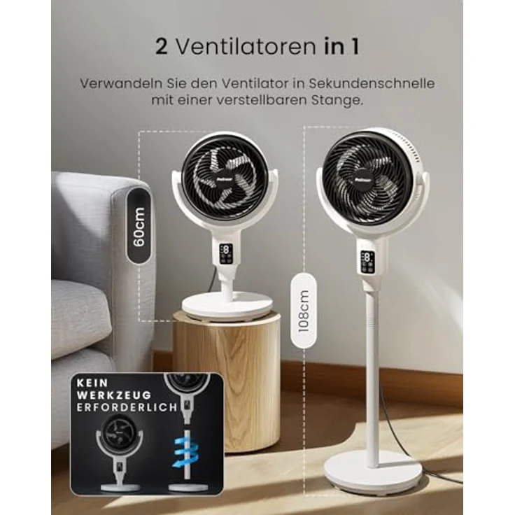 Pro Breeze AirFlo Standventilator 108 cm, Leiser 2-in-1 Ventilator mit 29 dB, Vortex-Oszillation 85°+135°, Höhenverstellbar, Fernbedienung & LED-Display für Schlafzimmer & Büro – Bild 4