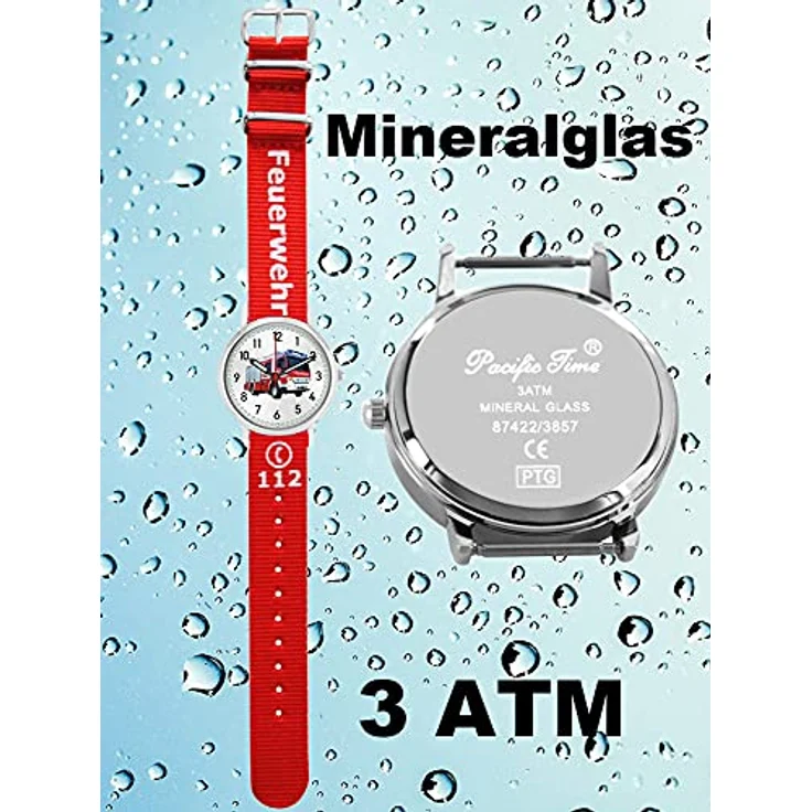 Pacific Time Kinder Armbanduhr Feuerwehr, Analog Quarz mit Wechselarmband in Rot, 10-fach verstellbar, leuchtende Zeiger und Punktindexe – Bild 5