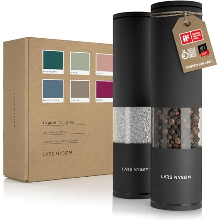 LARS NYSØM Salz und Pfeffer Mühle 2er Set Manuell mit einstellbarem Keramik-Mahlwerk von grob bis fein I Design Gewürzmühlenset (2 Stück) (Onyx Black)