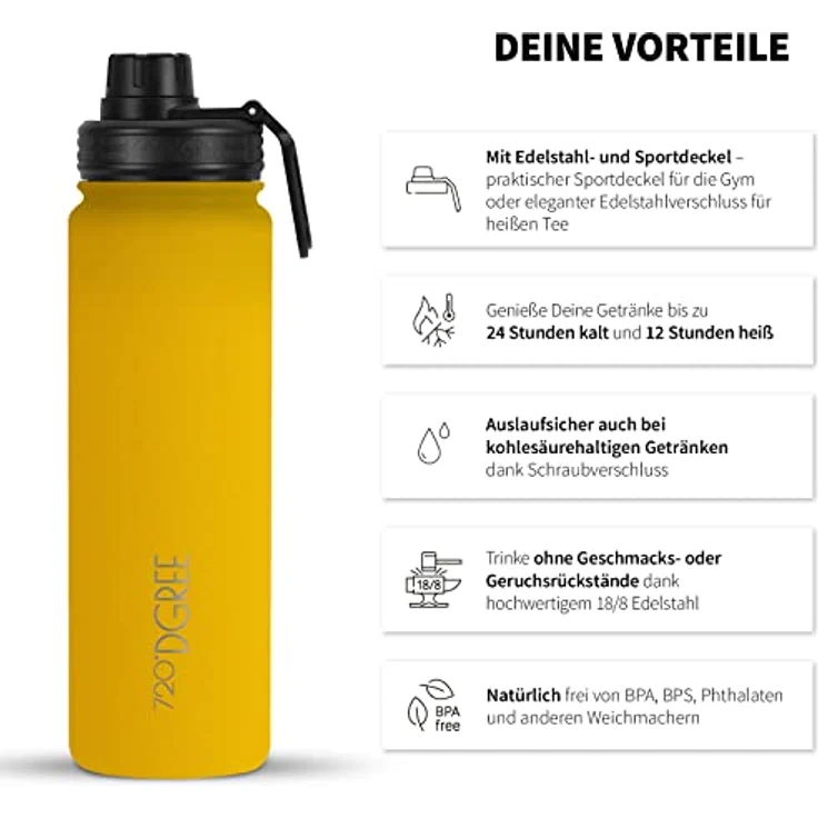 720 DGREE Trinkflasche Edelstahl 530ml Thermo mit gratis Sportdeckel noLimit lemon yellow – Bild 2