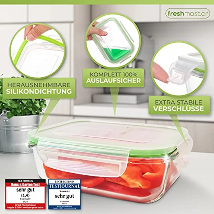 Fresh Master Frischhaltedose Glas Set - 100% auslaufsichere + luftdichte Vorratsdosen - BPA frei - Spülmaschinenfest - Mikrowellen, Backofen, Gefrierschrank geeignet - 16 teilig – Bild 4